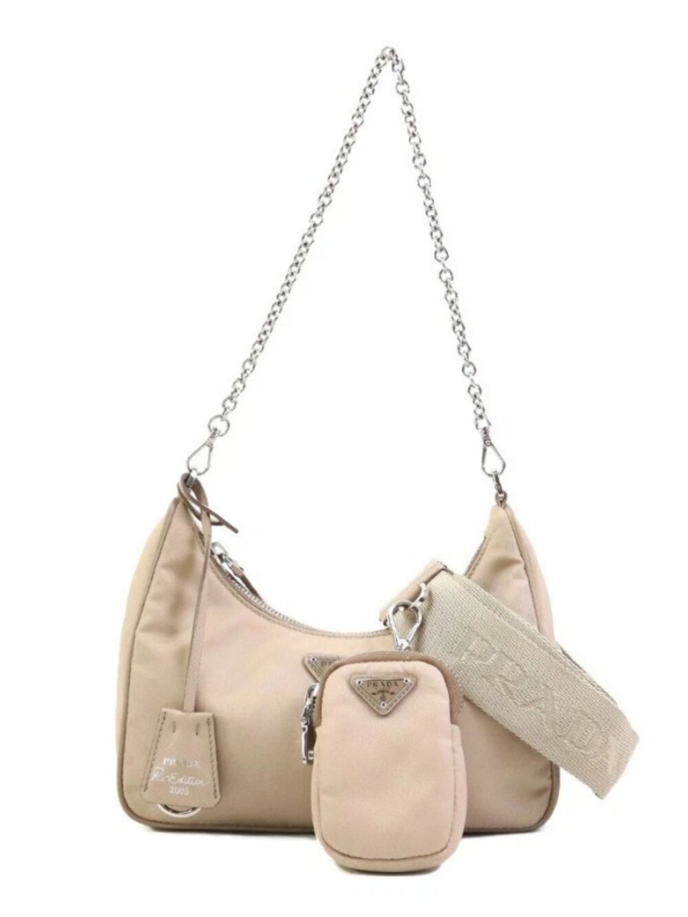 PRADA Re-Edition 2005 2-Way Shoulder Bag Beige/Silver Nylon/Metal